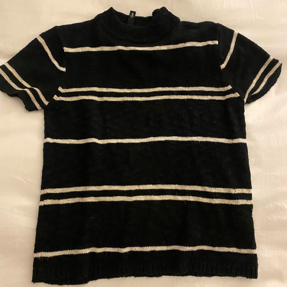 Knot sisters black and white striped turtleneck short sleeve sweater